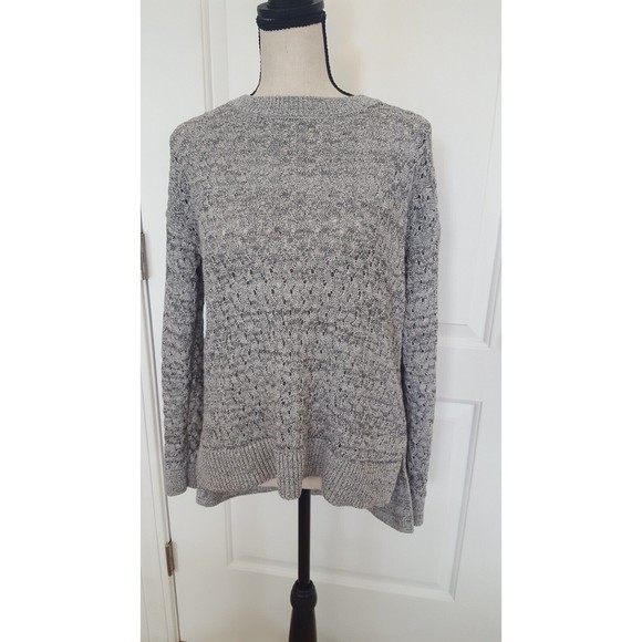 LOFT Open Weave Women's Sweater, HI Lo Hem Notched, Grey & White, Size‎ Medium - Picture 1 of 9
